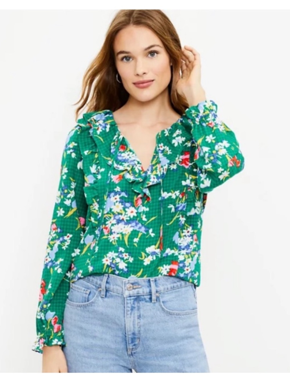 LOFT Green Floral Ruffle Tie neck Blouse Size MP